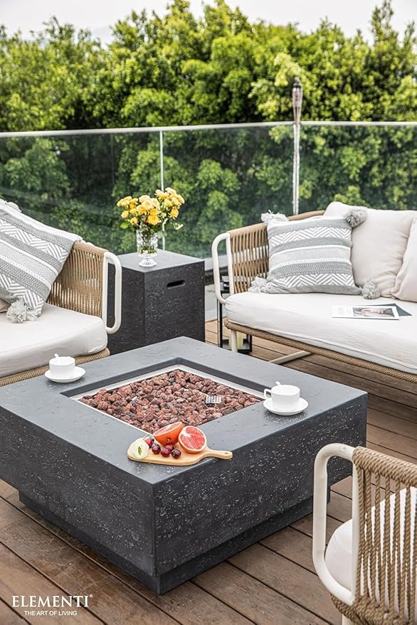 Elementi Manhattan Gas Fire Pit Bundle Concrete Fire Table, Outdoor Fire Pit Electronic Ignition | Canvas Cover, Lava Rock Included | Free AMS Wind Guard | Dark Gray (Propane Gas)