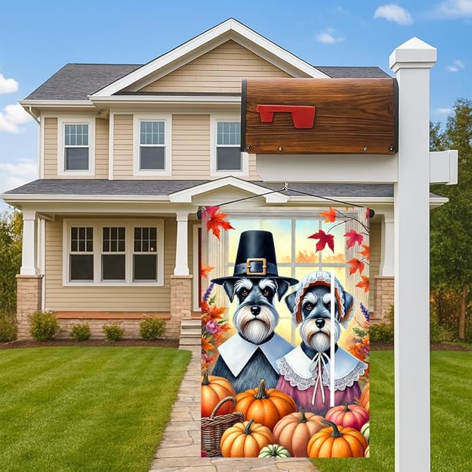 Thanksgiving Fall Decor Garden Flag Double Sided Autumn Leaves and Pumpkins Welcome Outdoor Decoration 12 x 18 Inch Dog Couple