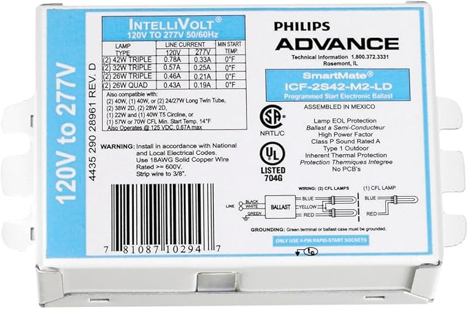 Electronic CFL Ballast for 1-2 24W - 70W CFLs with 2G11; G24Q; GX24Q; GR10Q; 2G11/RS Bases; FC9T5; FC12T5 Lamps Run at 120V/277V (ICF2S42M2LD)