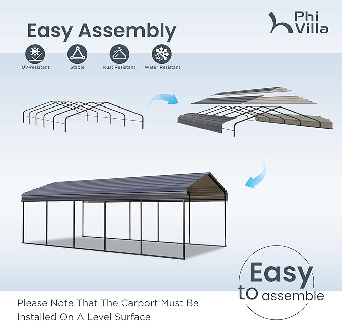 PHI VILLA Outdoor Carport Canopy 12' x 25', Metal Carport Tent Heavy Duty, Garage Car Shelter Shade with Metal Roof, Frame and Bolts for Car, Truck and Boat