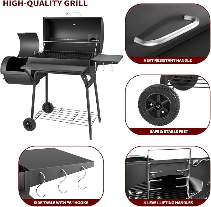 Charcoal Grill with Offset Smoker,BBQ Grills with Side Table,Outdoor Cooking with 714 Square Inches,Backyard Camping Picnics, Patio and Parties, Black by DNKMOR