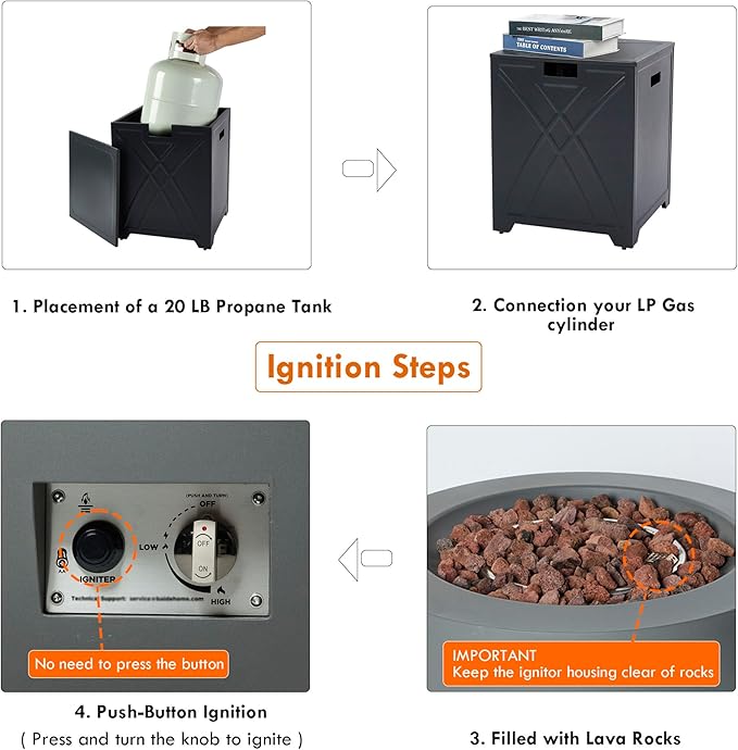 28-Inch Gas Fire Pit with Propane Tank Cover, 50,000 BTU Round Propane Fire Pit Table, Patio Fire Bowl Firepit with Lid, Lava Rocks, Cover, Pre-Attached 10FT Propane Hose, Gray