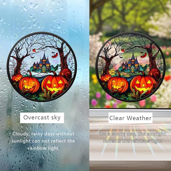 Halloween Sun Catcher - 8 Inch Round Suncatcher for Window Hanging Decoration - Creates Indoor Rainbows Light Refraction - Spooky Ghost, Witch, Pumpkin Design - Suction Cup Hook & Chain