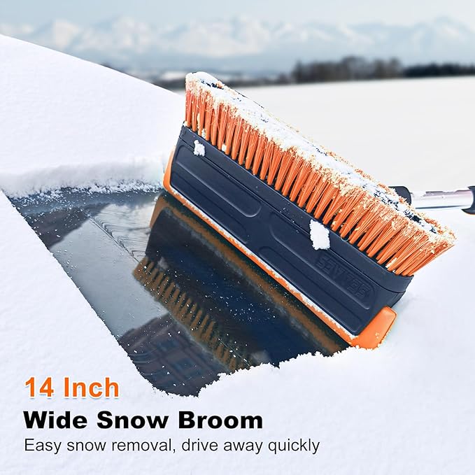 SEAAES 56 Inch Truck Snow Brush Scraper Long Handle, Heavy Duty Extendable Snow Broom for SUV, Windshield Ice Scraper with Foam Grip for Car Automobile Vehicle Window - Orange