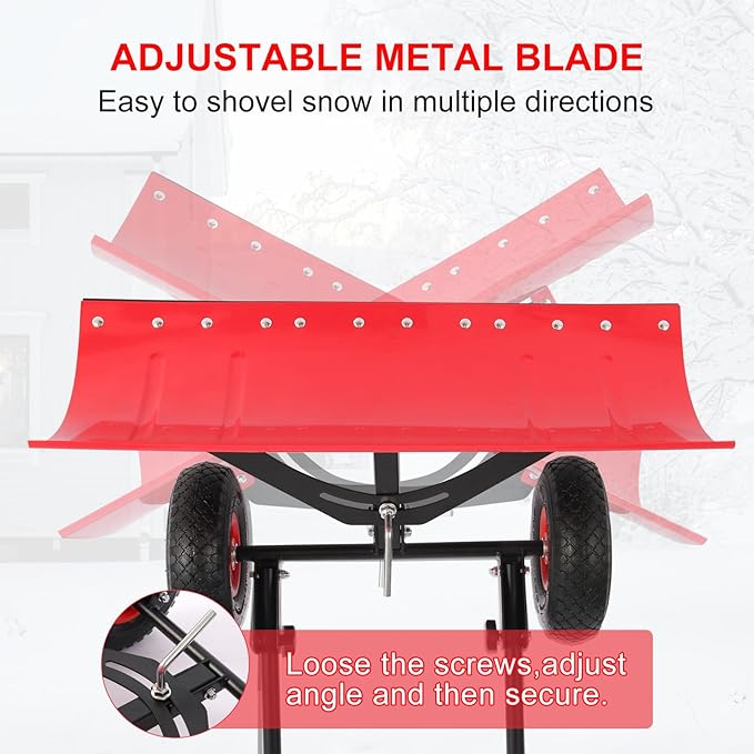 29" snow shovel with wider wheels,efficient snow removal tool,snow plow with adjustable handle and angled blade,snow pusher for doorway sidewalk,ergonomic double rod handle design with reflective tape