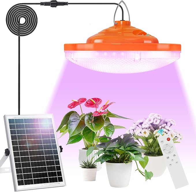 Solar Plant Grow Light Outdoor Indoor Run Day/Night, 96 LED Full Spectrum Solar Hanging Plant Light with Remote Control,16.4FT Cable/USB Charging/Timer for All Stage Plants