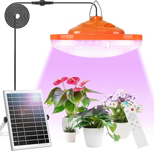 Solar Plant Grow Light Outdoor Indoor Run Day/Night, 96 LED Full Spectrum Solar Hanging Plant Light with Remote Control,16.4FT Cable/USB Charging/Timer for All Stage Plants