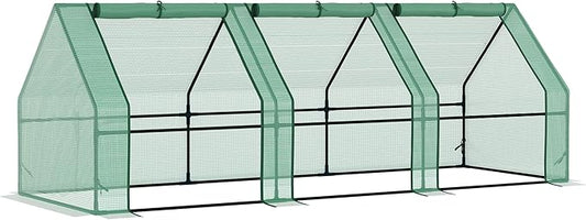 Outsunny 9' x 3' x 3' Mini Greenhouse with Zippered Doors & Roll-up Windows, Portable Plant Hot House with Durable PE Cover, Water Resistant, UV Protected for Outdoor Flowers, Vegetables, Green