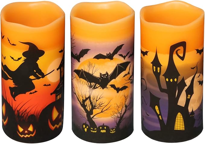 DRomance Halloween LED Flameless Pillar Candles Battery Operated with 6 Hour Timer Set of 3 Orange Wax Warm Light Flickering Witch Bats Castle Spooky Decals Halloween Decor Gifts(3 x 6 Inch)