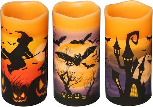 DRomance Halloween LED Flameless Pillar Candles Battery Operated with 6 Hour Timer Set of 3 Orange Wax Warm Light Flickering Witch Bats Castle Spooky Decals Halloween Decor Gifts(3 x 6 Inch)