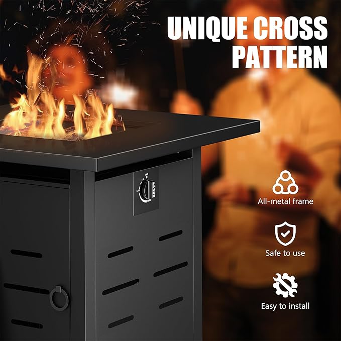 Vongrasig 28 Inch Gas Fire Pit, 50,000 BTU Propane Fire Pits for Outside, Steel Square Fire Table with Lid and Lava Rock, Patio Deck Garden Backyard