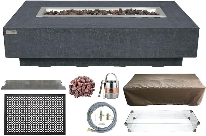 Elementi | Bundle Hampton Gas Fire Pit Cast Concrete 56" Rectangular Fire Table, Outdoor Fire Pit Electronic Ignition | Canvas Cover, Lava Rock Included | Dark Gray (Natural Gas)