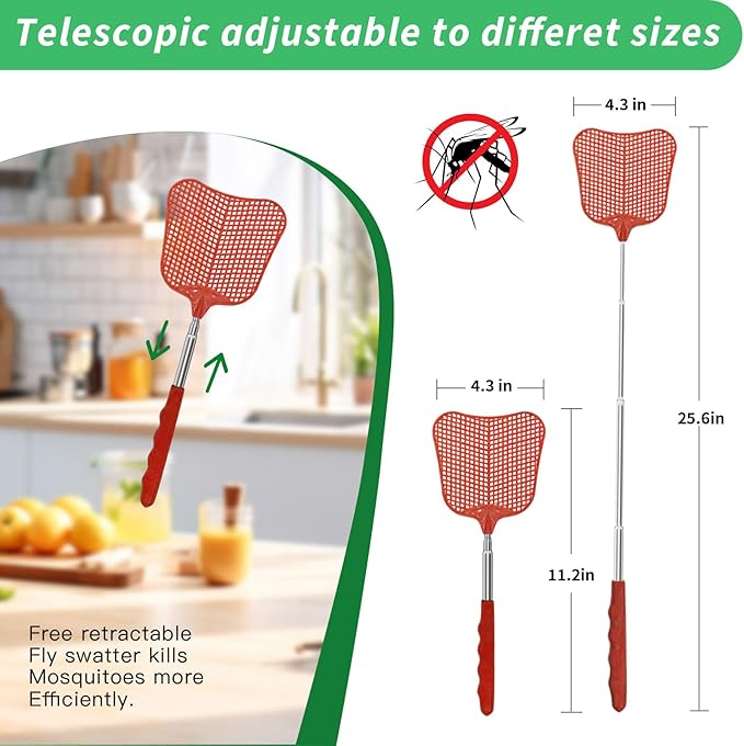 MYSTICHOME Fly Swatter 1 PCS, Durable Heavy Duty Plastic Fly Swatters, Stainless Steel Telescopic FlySwatter for Indoors/Outdoor/Kitchen/Garden (Red)