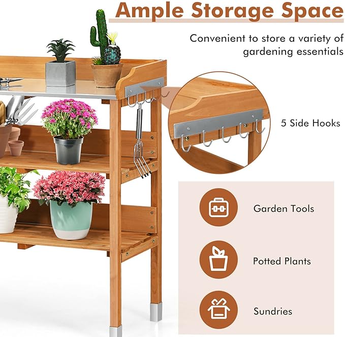 S AFSTAR Potting Bench, Work Station with Fir Wood Construction & Metal Tabletop, Garden Planting Table w/Open Shelves and Hanging Hooks, Gardening Table Potting Table for Outside Backyard Balcony