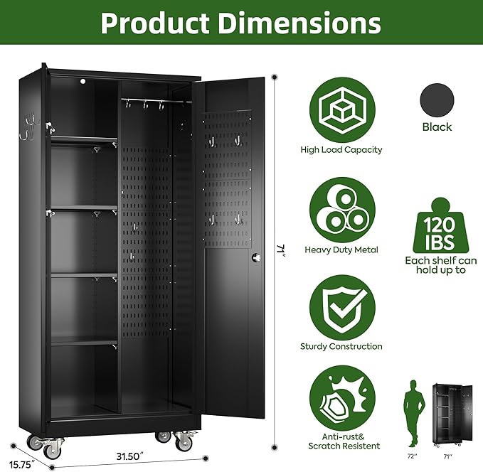 Broom Closet Storage Cabinet with Wheels and Pegboard,Metal Garage Storage Cabinet with Doors and Adjustable Shelves for Garage Home,Required Assembly,Black
