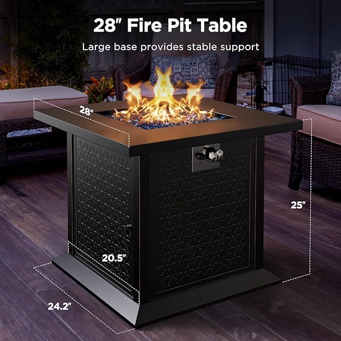 Ciays 28" Propane Fire Pit Table with 50,000 BTU Output, Outdoor Gas Fire Pit Table CSA-Certified for Outside Patio with Glass Rocks and Removable Lid, Add Warmth and Ambience to Parties, Garden