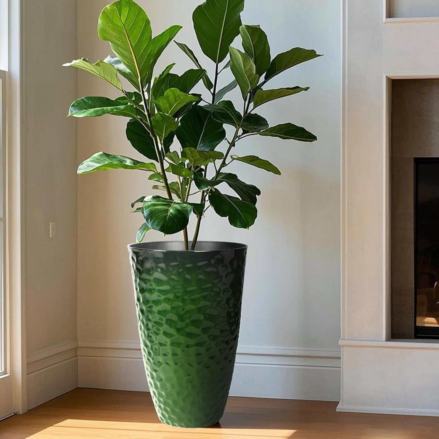 Worth Garden 14" Dia x 24" H Large Plastic Planters with Drainage Hole, Set of 2 Hammered Texture Green Glossy Smooth Finish, Tall Round Decorative Flower Plant Pot for Indoor Outdoor, Front Porch