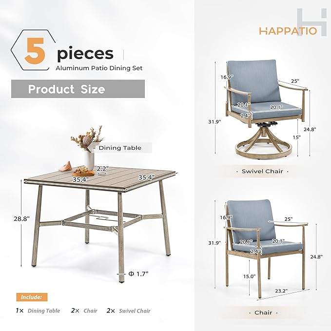 HAPPATIO 5-Piece Outdoor Dining Set for 4, Aluminum Patio Dining Set Includes 1 Large Square Table with Umbrella Hole, 2 Swivel Dining Chairs, and 2 Dining Chairs, for Lawn, Porch, Backyard (Brown)