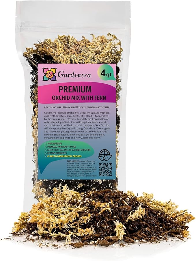 Premium Orchid Mix by GARDENERA | Fern + New Zealand Pine Bark + Sphagnum Moss + Perlite | Best for Growing and Repotting Orchids - 4 Quart Bag