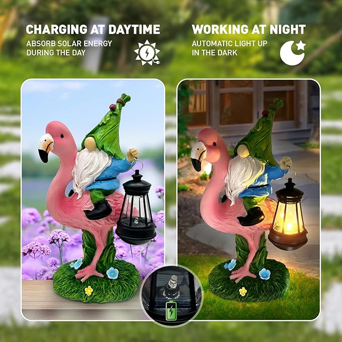 Gnomes Flamingo with Solar Lantern, Whimsical Decor for Garden, Yard, Patio, Lawn, LED Lights - Unique Gift for Women, Mom, Friends(Blue Gnomes)