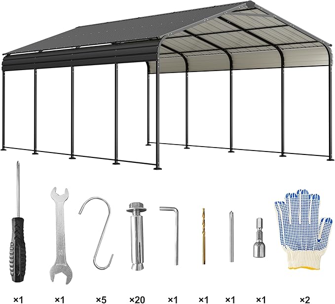 12X20 FT Metal Carport, Outdoor Car Shelter All Weather, Heavy Duty Outdoor Galvanized Car Shelter for Car Boat Truck and SUVs, Black