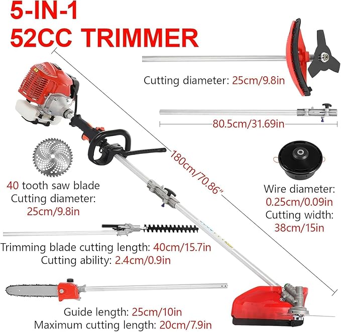 5 in 1 Multifunctional Weed Eater, 52CC 2-Cycle Gas Cordless Hedge Trimmer, 2025 Upgraded Weed Eater Gas Powered, String Trimmer, Handheld Chainsaw Brush Cutter for Yard, Garden