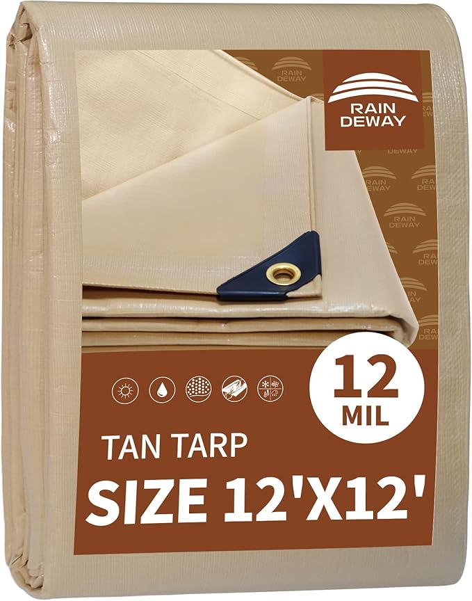 RAINDEWAY 12x12 Feet Heavy Duty Tarp,12 Mil Tan Waterproof Poly Tarp Cover,UV Resistant,Weatherproof,Durable,Multipurpose Tarps with Grommets and Reinforced Edges