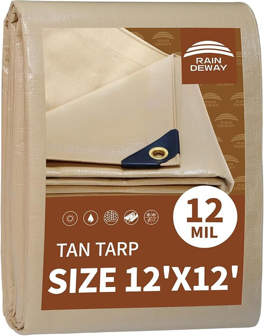 RAINDEWAY 12x12 Feet Heavy Duty Tarp,12 Mil Tan Waterproof Poly Tarp Cover,UV Resistant,Weatherproof,Durable,Multipurpose Tarps with Grommets and Reinforced Edges