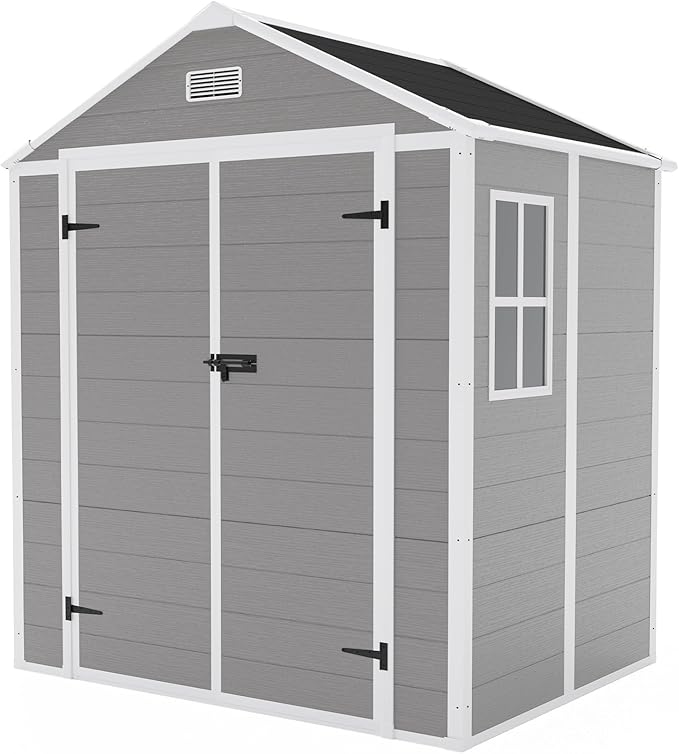 6x5 FT Resin Storage Shed,Garden House with Floor & Lockable Door,Waterproof Plastic Tool Sheds W/Slanting Roof Visual Window & Air Vents for Bicycles,Lawnmowers,Lawn,All Weather Use,Gray
