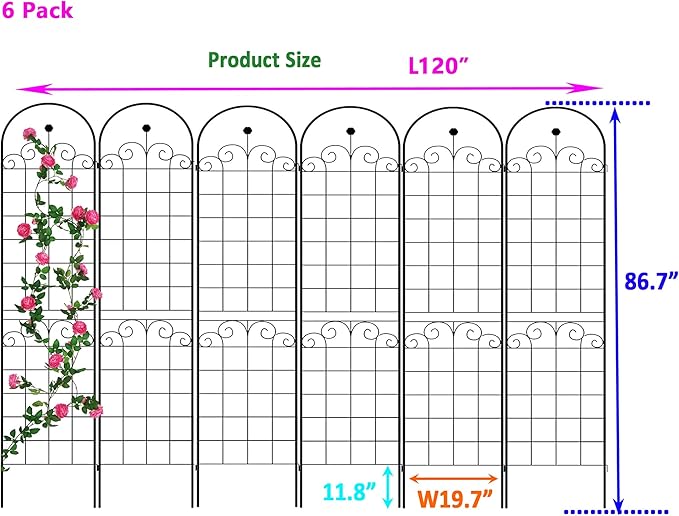 6 Pack Metal Garden Trellis 86.7" H Garden Fence Rustproof Trellis for Climbing Plants Support Roses Flower Outdoor Lawn Black
