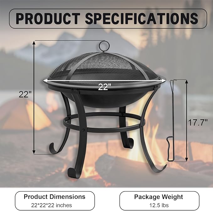22 in Firepit for Outside Outdoor Small Fire Pit,Durable Firepit with Mesh Lid,Log Grate,and Fire Poker,Fire Pit for Outside Backyard.Deck.Camping and Picnic