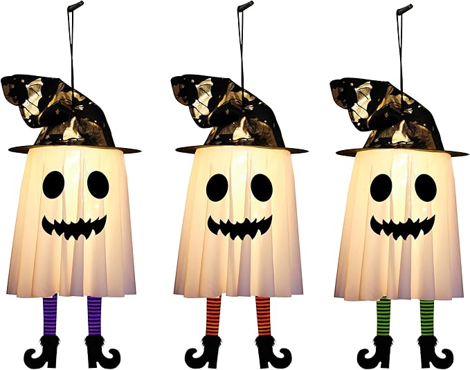 3 Packs Halloween Hanging Ghosts Decorations Outdoor Indoor, Spooky Glowing Ghost Witch Hat Striped Stockings High Heels String Lights 3 Modes Patio Yard Front Porch Tree Party(Contains 18 Batteries)