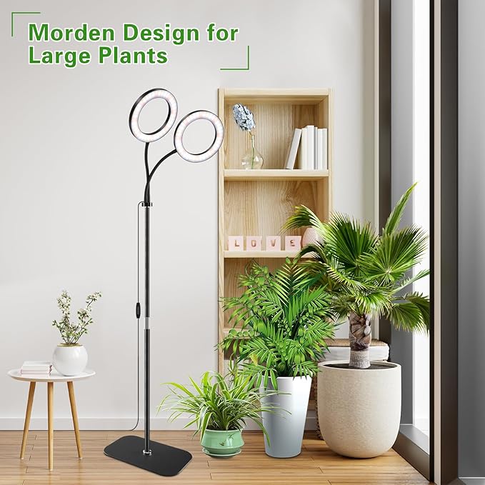 Full Spectrum Grow Light with Stand for Indoor Plants, Floor Plant Light, 3/9/12H Timer, 3 Color Modes, Adjustable Height 16.5–67in, for Large Plants & Home Décor(2 Heads)
