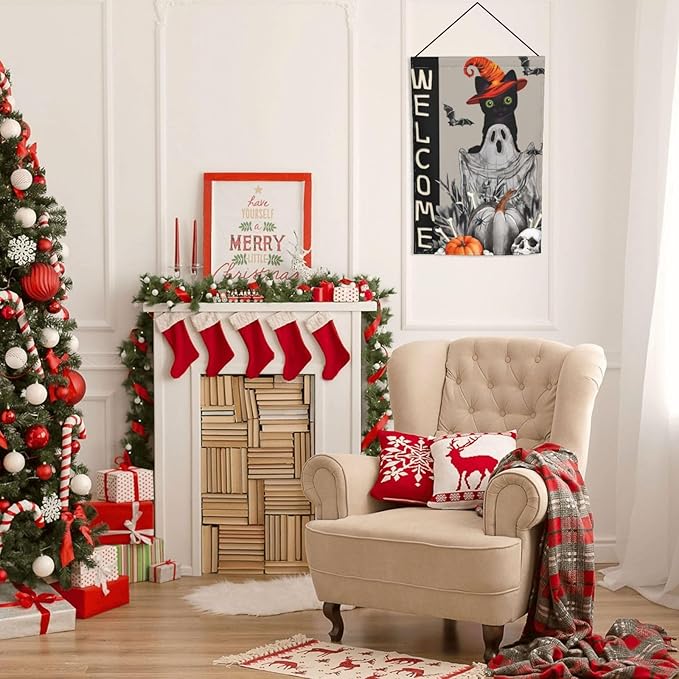 Halloween Ghost Cat Boo Pumpkin Skull Bat Garden Flag Welcome Party Outdoor Outside Decorations Picks Home House Garden Yard Decor 12x18 Inch