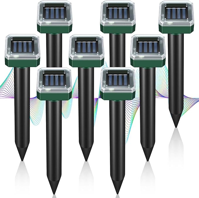 Mole Repellent Solar Powered 8 Pack Ultrasonic Repeller Gopher Vole Groundhog Snake Chipmunk Mole Deterrent Waterproof Sonic Spikes Get Rid of Moles in Your Yard