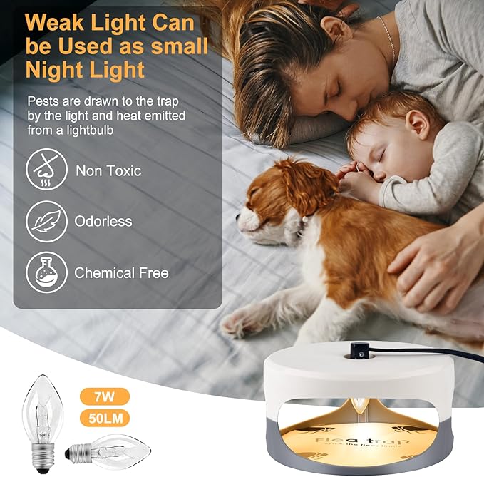 Flea Trap 2 Packs – Premium Flea Traps for Inside Your Home – Natural and Child-Friendly Light Trap for Indoor with Natural Glue Discs Refills and LED Lightbulb