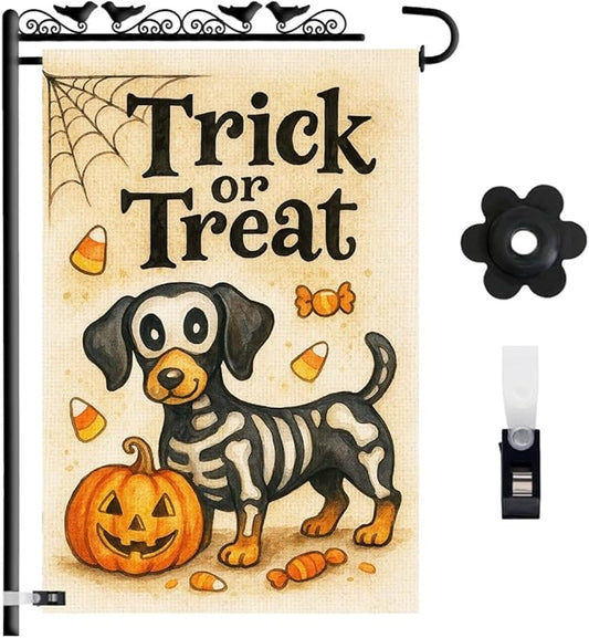 Skeleton Dachshund Dog Halloween Garden Flag – Trick or Treat Pumpkin Yard Flag 12x18, Double Sided Burlap Outdoor Decoration