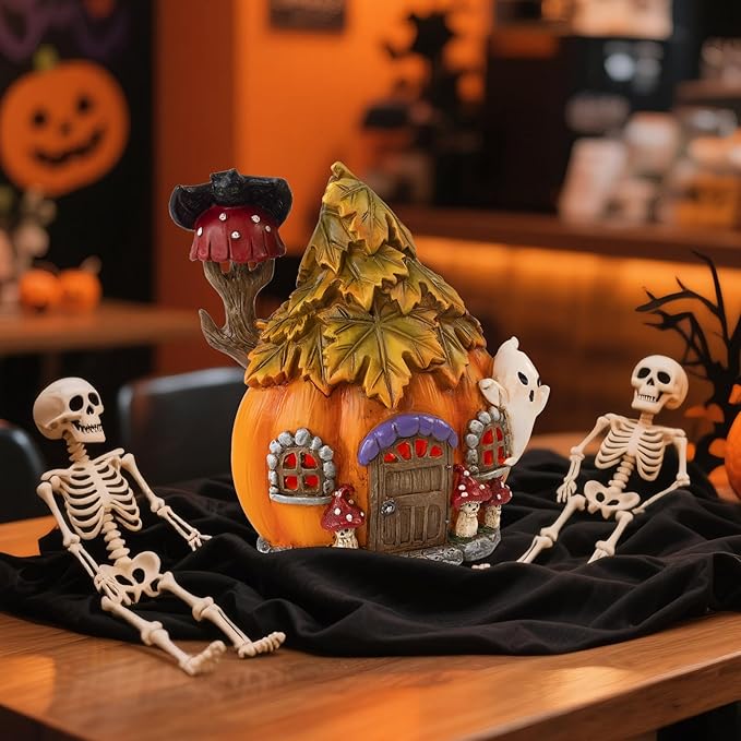 Colorful Light Up Halloween Village, 6.5"H Spooky Miniature Haunted House Decor, Resin Ghost Pumpkin Figurine Outdoor Fall Fairy Garden Statue, Indoor Tabletop Desk Mantel Decoration for Home