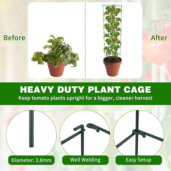 6 Packs Tomato Cages for Garden, 12"×12"×56" Plant Support Cage with Different Spacing, Green Metal Trellis for Climbing Plants Like Cucumber, Flowers
