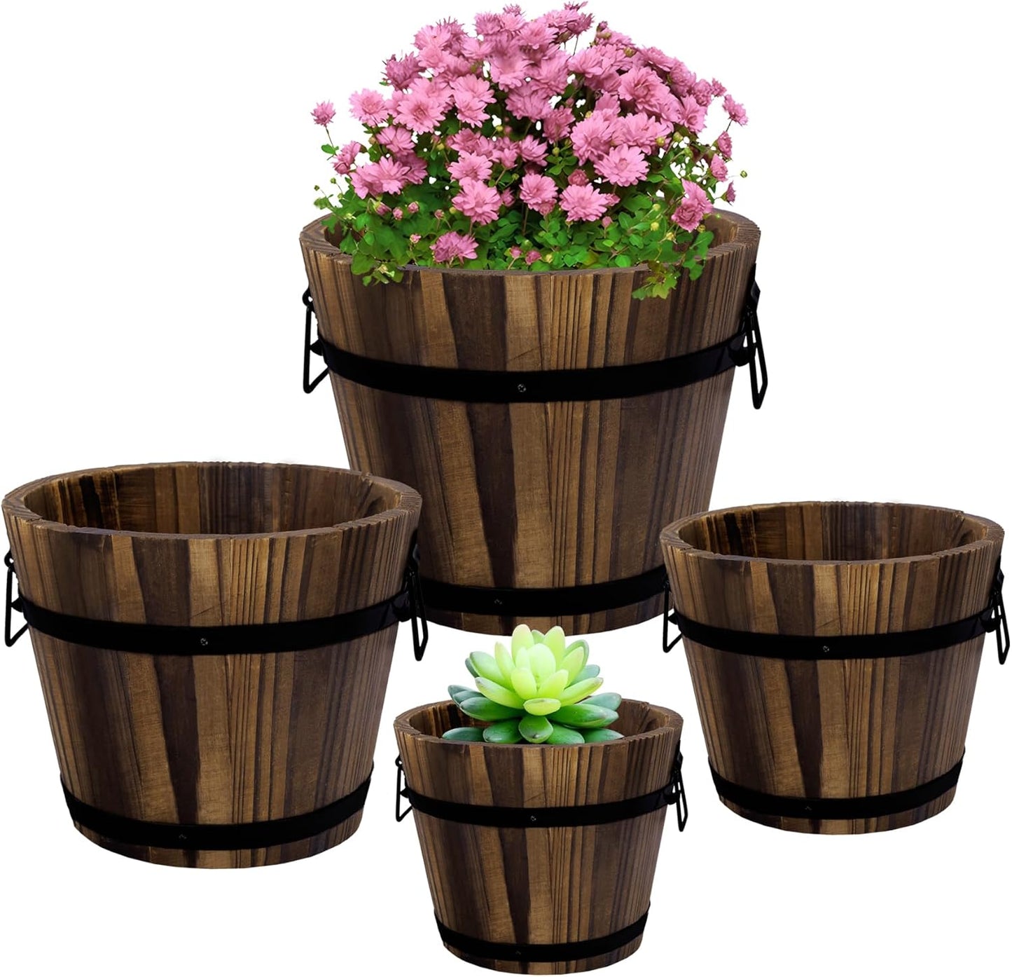 Adnee 4 Pack Wooden Whiskey Barrel Planters - 4 Sizes Wooden Bucket Barrel Garden Planters Set - Rustic Flower Planters Pots Container for Indoor Outdoor Garden Home Plants(4.7",6.1",7.1",9")
