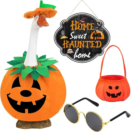 5 Pcs Halloween Porch Goose Outfits Pumpkin with Accessories Yard Garden Lawn Goose Clothes for Plastic Cement Goose Statue 23"Fall Pumpkin Porch Goose Costume set for Patio Outdoor Decoration