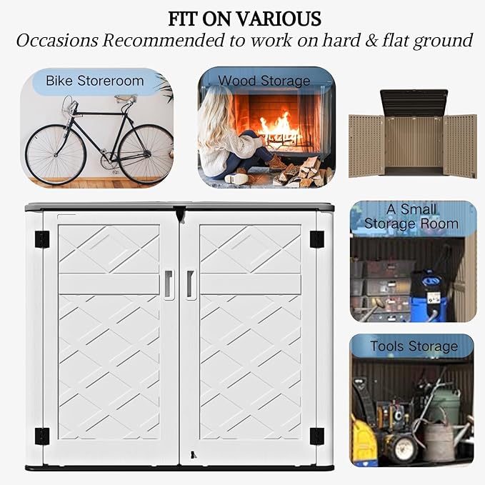 ZZM Large Outdoor Storage Shed, 48 Cu Ft Resin Versatile Storage Cabinet for Patio Accessories, Trash Cans & Garden Tools, Durable Horizontal Storage Box with Lockable Lid (White)