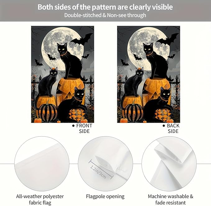 Scary Pumpkin Black Cat Spooky Welcome Halloween Cat 12 X 18 Inches Double-Sided House Flags