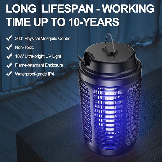 Bug Zapper Outdoor, Mosquito Zapper Indoor with Dusk to Dawn Light Sensor, 4000V Electric Fly Zapper, Waterproof Mosquito Killer, Fly Trap for Home, Patio, Kitchen, Garden - 9.8 FT Length Cable