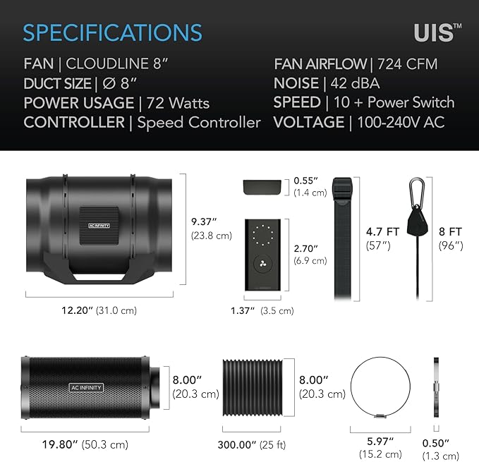 AC Infinity Air Filtration Kit 8”, CLOUDLINE LITE Inline Fan and Carbon Filter Combo, Cooling and Ventilation System for Grow Tents, Hydroponics, Indoor Gardening