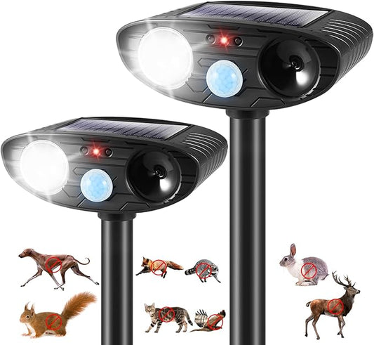2Pack Solar Ultrasonic Animal Repellent Cat Deterrent Outdoor Solar Animal Repeller with Motion Sensor&LED Strobe Light Deer Repellent to Scare Squirrel Dog Bird Rabbit Skunk Fox Raccoon