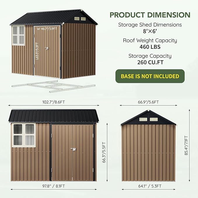 8x6 FT Outdoor Metal Storage Shed, Double Doors, 1 Clear Window, Tool Shed for Garden, Patio, Backyard Brown