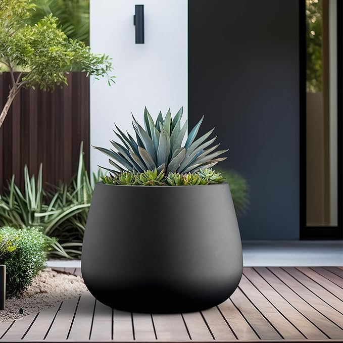 Kante Curva Series Planter, 21.3 Inch Round Concrete Plant Pot with Draiange Hole and Rubber Plug, Suitable for Indoor Plants, Home, Garden, Patio, Black