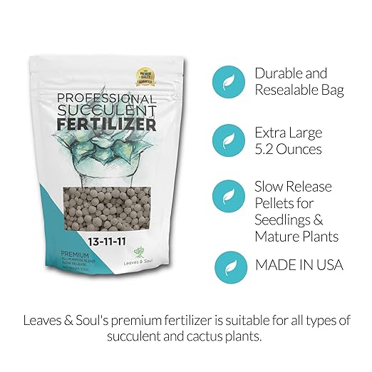 Leaves and Soul Succulent Fertilizer Pellets |13-11-11 Slow Release Pellets for All Cactus and Succulents | Multi-Purpose Blend & Gardening Supplies, No Fillers | 5.2 oz Resealable Packaging