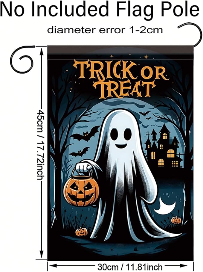 12x18 Inch Halloween Ghost Garden Flag Trick or Treat Ghost Yard Banner Pumpkin Lantern Outdoor Decoration Double Sided Seasonal Holiday Welcome Sign for Patio Lawn Home Party Fall Theme